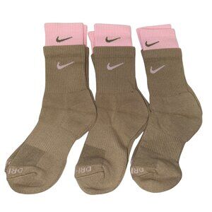 Nike Socks Women's Crew 3 Pack Brown Pink Double Layer Look Size Medium NEW
